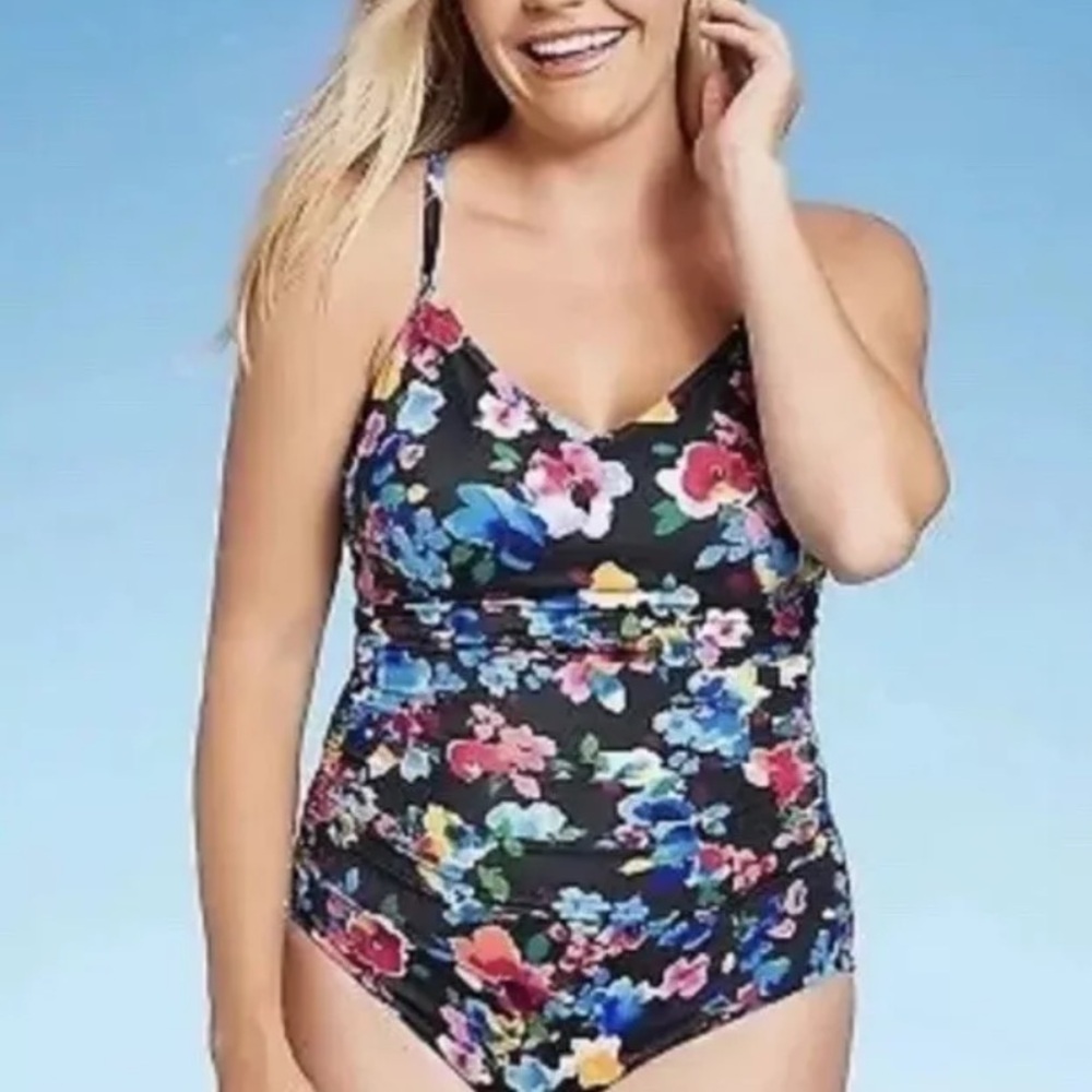 Aqua Green Multicolored Floral One Piece Swimsuit Womens UPF 50 L/XL NEW